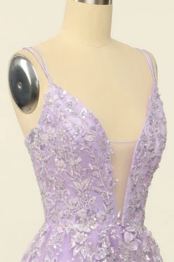 Purple Spaghetti Straps Prom Dress With Appliques -Zapaka Sales Store 04032297 Purple 3