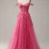 A Line Off The Shoulder Hot Pink Long Prom Dress With Appliques