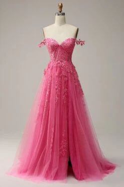 A Line Off The Shoulder Hot Pink Long Prom Dress With Appliques
