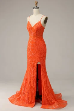 Mermaid Spaghetti Straps Orange Long Prom Dress With Split Front -Zapaka Sales Store 04033171 Orange 3
