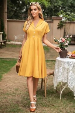 Elegant Yellow V Neck Vintage Dress -Zapaka Sales Store 0429a4d9970e3fea83e6fd61db0779a5