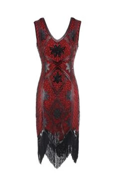 Red Sequins Beaded V-neck 1920s Dress -Zapaka Sales Store 12653056470 367566556