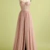 Pink Split Front Spaghetti Straps Prom Dress