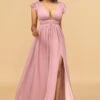 Blush V-Neck Long Chiffon Bridesmaid Dress