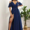 Cold Shoulder Navy Chiffon Bridesmaid Dress With Slit