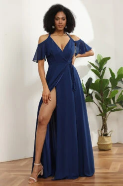 Cold Shoulder Navy Chiffon Bridesmaid Dress With Slit -Zapaka Sales Store 28009014 20 7 first