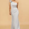 Grey Satin One Shoulder Mermaid Bridesmaid Dress With Bowknot