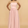 A Line Strapless Blush Satin Long Bridesmaid Dress