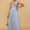 A Line Asymmetrical Neck Grey Blue Satin Long Bridesmaid Dress