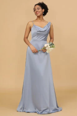 A Line Asymmetrical Neck Grey Blue Satin Long Bridesmaid Dress -Zapaka Sales Store 28009032 20 2