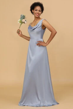 A Line Asymmetrical Neck Grey Blue Satin Long Bridesmaid Dress -Zapaka Sales Store 28009032 20 3