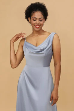 A Line Asymmetrical Neck Grey Blue Satin Long Bridesmaid Dress -Zapaka Sales Store 28009032 20 4