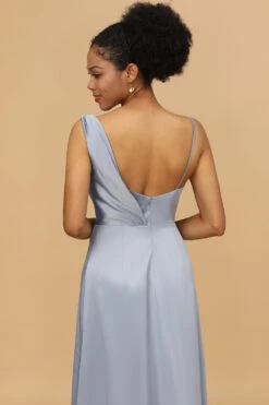 A Line Asymmetrical Neck Grey Blue Satin Long Bridesmaid Dress -Zapaka Sales Store 28009032 20 6