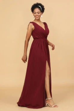 Burgundy V-Neck Lace Up Bridesmaid Dress With Slit -Zapaka Sales Store 28009038 Burgundy 4