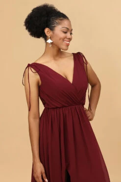 Burgundy V-Neck Lace Up Bridesmaid Dress With Slit -Zapaka Sales Store 28009038 Burgundy 6