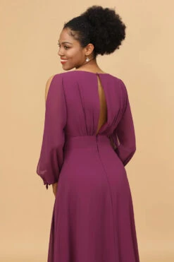 Purple Long Sleeves Cold Shoulder Bridesmaid Dress -Zapaka Sales Store 28009040 Purple 7