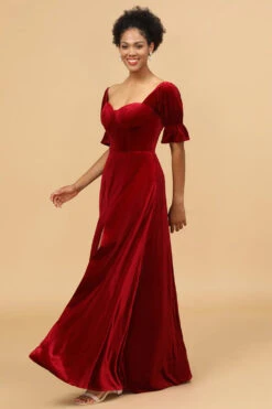 Red Velvet Half Sleeves Bridesmaid Dress With Slit -Zapaka Sales Store 28009041 Red 4