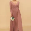 Blush V-Neck Long Sleeves Bridesmaid Dress