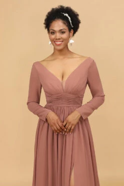 Blush V-Neck Long Sleeves Bridesmaid Dress -Zapaka Sales Store 28009042 Blush 5