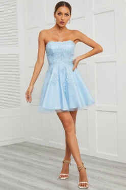 Blue Tulle Short Prom Dress With Appliques