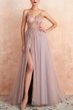 V-neck Slit Tulle Dress -Zapaka Sales Store 46359greypink
