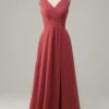 V Neck Desert Rose Sleeveless Chiffon Long Bridesmaid Dress