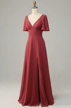 V Neck Short Sleeves Open Back Bridesmaid Dress 8 V Neck Short Sleeves Open Back Bridesmaid Dress -Zapaka Sales Store AHANR450 Desert Rose 2