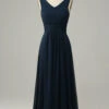 Navy V Neck Sleeveless A Line Long Bridesmaid Dress