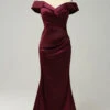 Burgundy Off The Shoulder Sheath Long Bridesmaid Dress