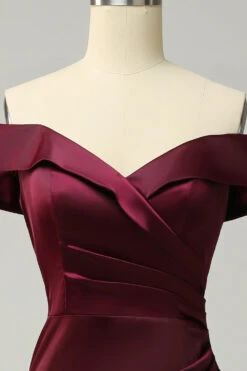Burgundy Off The Shoulder Sheath Long Bridesmaid Dress -Zapaka Sales Store AHQX290030 Burgundy 4