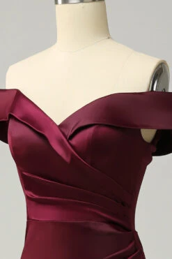 Burgundy Off The Shoulder Sheath Long Bridesmaid Dress -Zapaka Sales Store AHQX290030 Burgundy 5