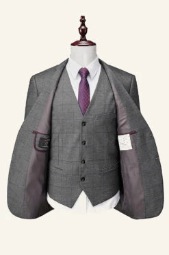 Grey Plaid 3 Piece Notched Lapel Men's Wedding Suits -Zapaka Sales Store CGGXH01025 Grey 3