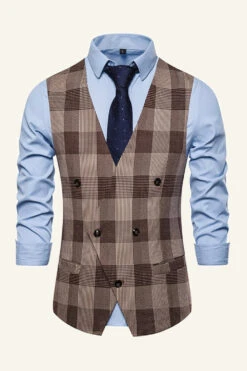 Lapel Brown Men's Check Vest -Zapaka Sales Store CGGXH01031 20Brown 20 1