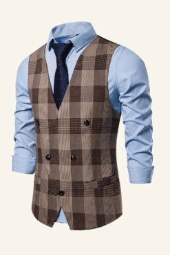 Lapel Brown Men's Check Vest -Zapaka Sales Store CGGXH01031 20Brown 20 3