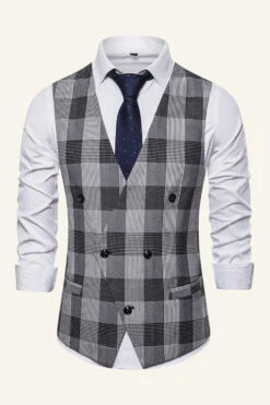 Lapel Brown Men's Check Vest