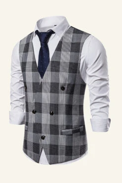 Lapel Brown Men's Check Vest -Zapaka Sales Store CGGXH01031 20Grey 20 3