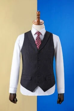 Black Striped Double-Breasted Peaked Lapel 3-Piece Men's Suit -Zapaka Sales Store CGGXH01091 Black 4