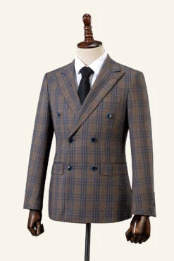 Brown Plaid Peaked Lapel Double-Breasted 2-Piece Men's Suit -Zapaka Sales Store CGGXH01097 Brown 3