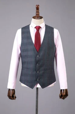Grey Plaid 3-Piece Peaked Lapel Men's Suit -Zapaka Sales Store CGGXH01100 Grey 5