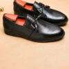 Black Leather Slip-On Fringe Men's Shoes