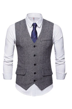 Single Breasted V-Neck Black Men's Suit Vests -Zapaka Sales Store CGGXH0507 Grey 1