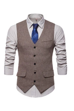 Single Breasted V-Neck Black Men's Suit Vests -Zapaka Sales Store CGGXH0507 Khaki 1