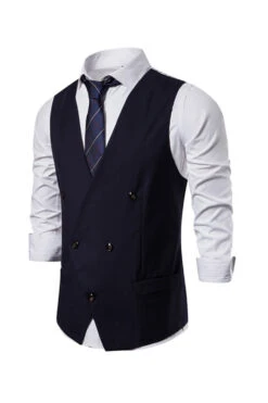 Double Breasted Men's Big V Neck Suit Vest -Zapaka Sales Store CGGXH0512 Black 3
