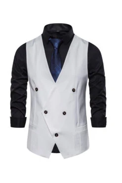 Double Breasted Men's Big V Neck Suit Vest -Zapaka Sales Store CGGXH0512 White 1