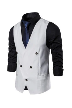 Double Breasted Men's Big V Neck Suit Vest -Zapaka Sales Store CGGXH0512 White 3