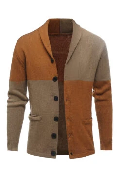 Brown Patchwork Shawl Collar Long Sleeves Men's Cardigan Sweater