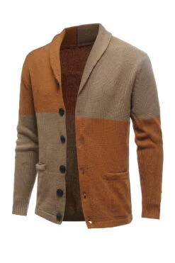 Brown Patchwork Shawl Collar Long Sleeves Men's Cardigan Sweater -Zapaka Sales Store CGGXH0618 Brown 3