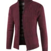 Burgundy Men's Casual Stand Collar Cardigan Zipper Cable Knitted Sweater