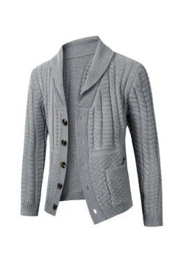 Grey Men's Casual Shawl Lapel Cardigan Button Down Cable Knitted Sweater -Zapaka Sales Store CGGXH0639 Grey 3