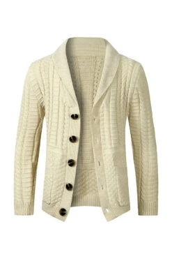 Grey Men's Casual Shawl Lapel Cardigan Button Down Cable Knitted Sweater -Zapaka Sales Store CGGXH0639 Ivory 1